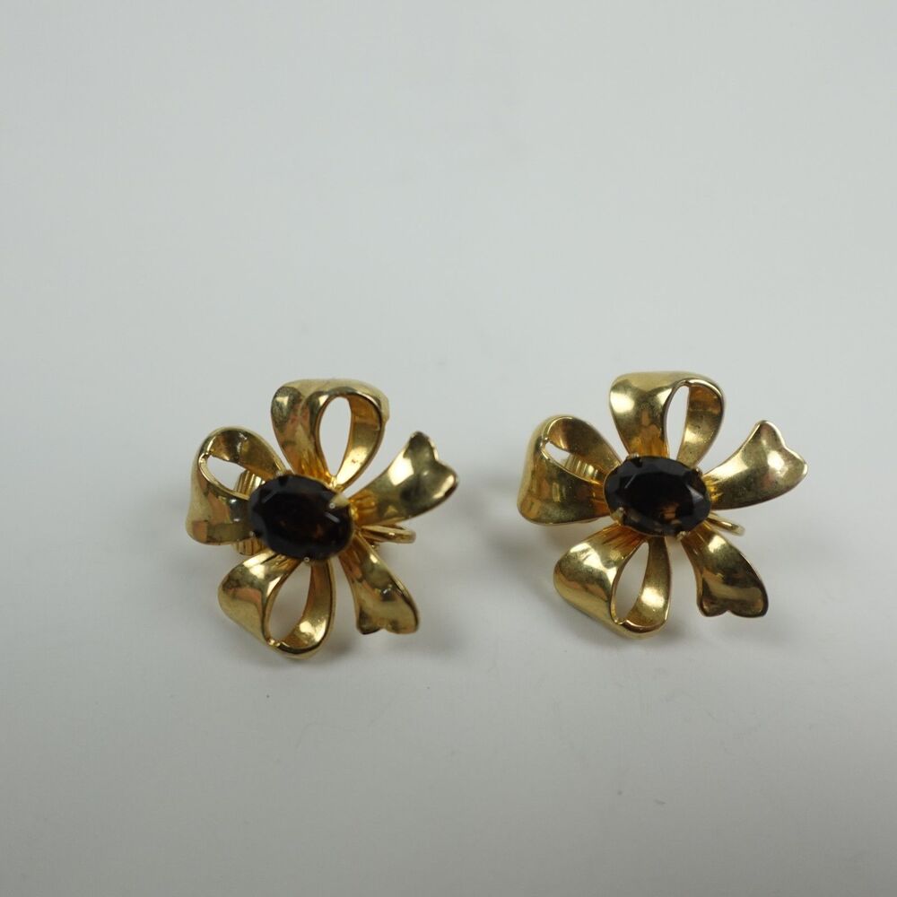 Vintage Gold Tone Bow Clip-On Earrings with Oval Smoky Brown Cabochon Stone
